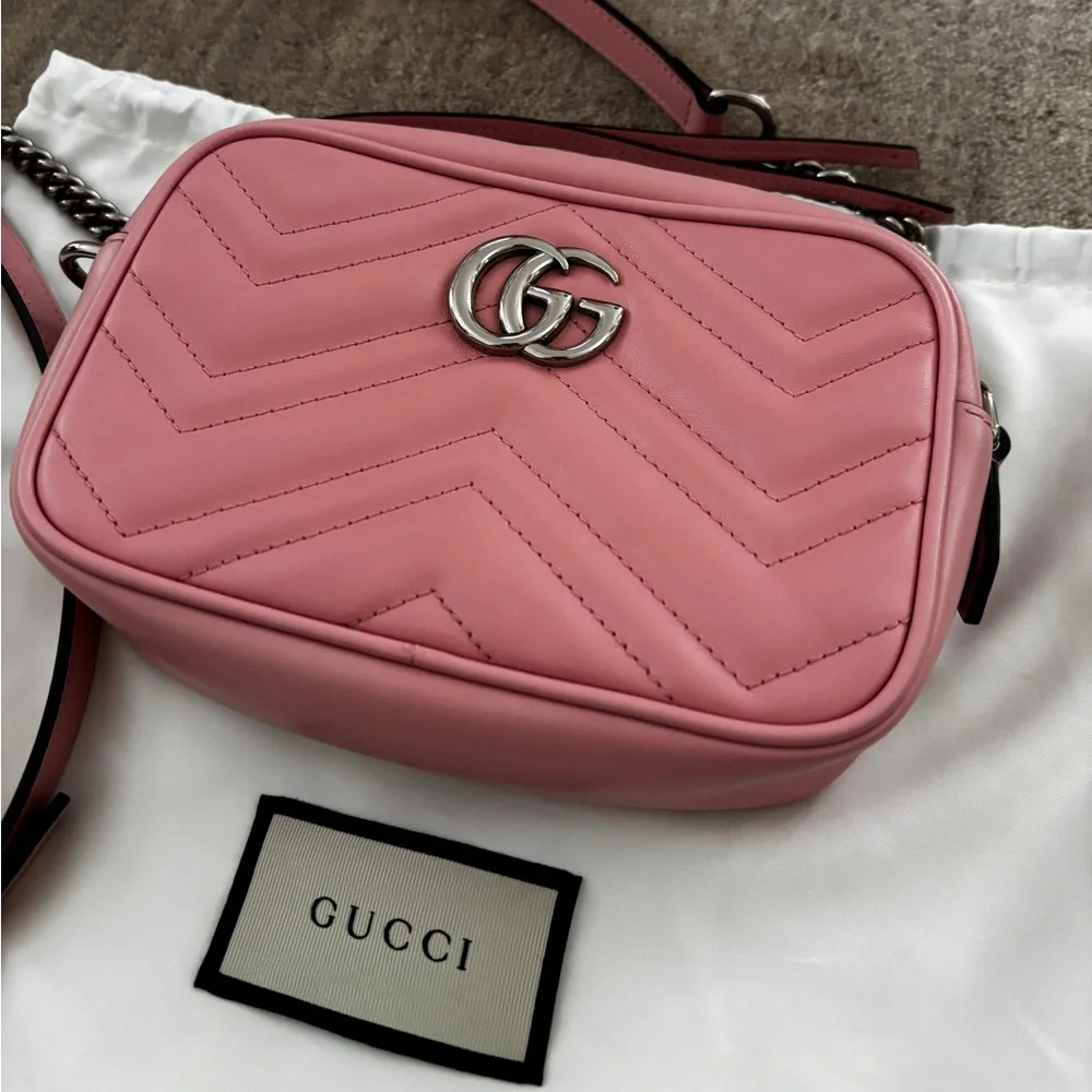 Gucci GG Marmont Small Camera Bag Blush Pink Matelassé Leather Silver Hardware - Picture 1 of 12